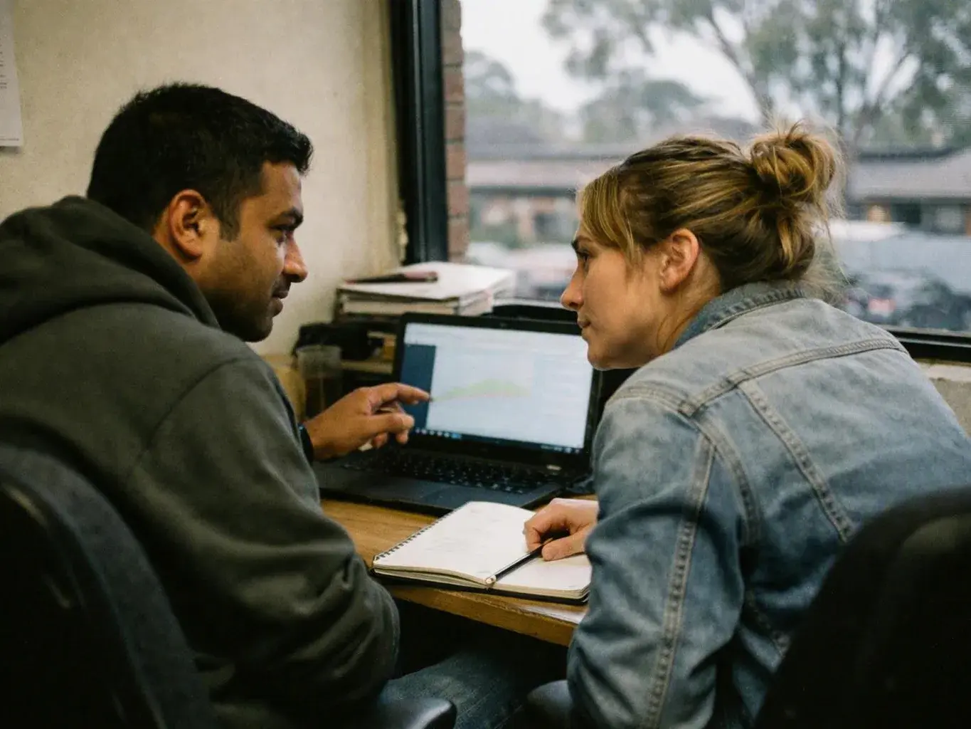 Designer reviewing homepage wireframes on a laptop